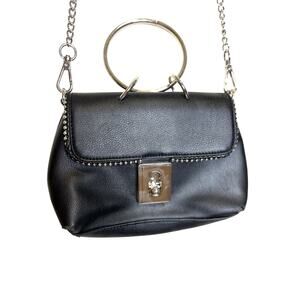 Small Black Faux‎ Leather Crossbody Bag Clutch Removable Strap Silver Hardware